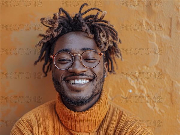 Portrait of a happy student standing in front of a colored background with a trendy sweater smiling, AI generated