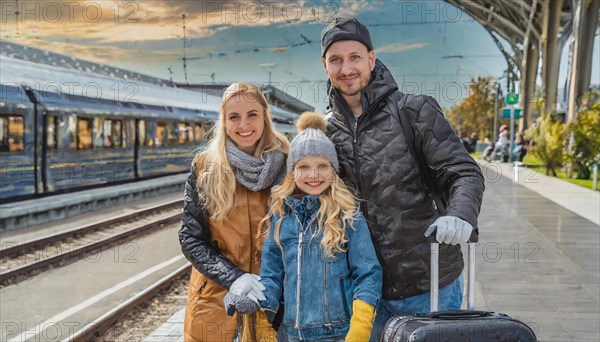 AI generated, A young family wants to travel and waits in the station for the train, 30, 35, years, blond, blonde, man, woman, knd, children, 10, 12, modern, modern, suitcase, handbag, winter jacket, white, sneakers, shoes, sexy, attractive, attractive, long-haired, transport, traffic, four people, family