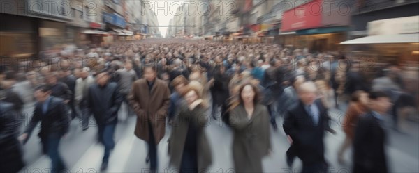 Busy crowded city street filled with a dense crowd of commuters pedestrians in motion, wintertime, downtown, wide aspect ratio, morning time, AI generated