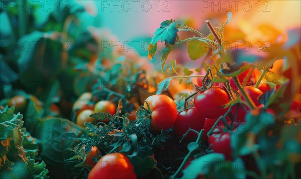Tomatoes background. Top view of different varieties of tomatoes. Vegetables background. AI generated