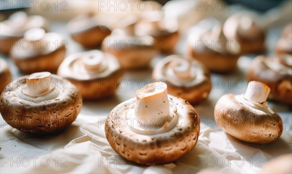 Fresh champignons on a white background. Selective focus. AI generated