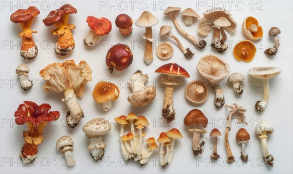 Variety of edible mushrooms on white background. Top view, flat lay. AI generated