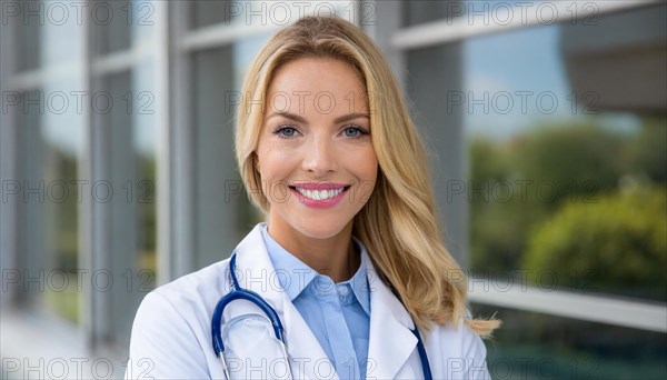 AI generated, A young pharmacist in her pharmacy, portrait, 30, 35, years, female, blonde, blond, blonde, beautiful teeth, smiles, long hair, profession, professions, medicines in the background