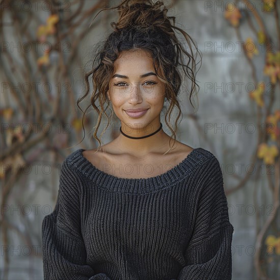 Portrait of a happy woman standing in front of a colored background with a trendy sweater smiling, AI generated