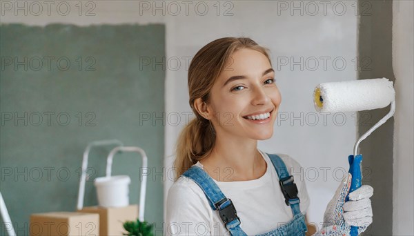 AI generated, woman, woman, a young girl paints a wall with new paint, white, whiter, white, renovation of old flat, paint roller, ladder, paint, 20, 25, years, a, a person, daughter, student, pastime, family, girl, smiling, smiling, fun at work, laughing, laughing, laughing, dungarees, jeans