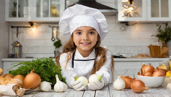 AI generated, human, humans, person, persons, child, children, 8 year old girl cutting onions in a white kitchen, chef hat, smock, cute, cute, beautiful eyes, beautiful teeth, cook, cook, kitchen table, vegetables, onions, garlic