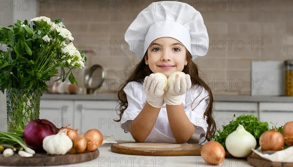 AI generated, human, humans, person, persons, child, children, 8 year old girl cutting onions in a white kitchen, chef hat, smock, cute, cute, beautiful eyes, beautiful teeth, cook, cook, kitchen table, vegetables, onions, garlic