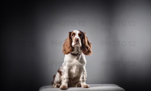English cocker spaniel young dog posing. white and brown dog or pet playing happy, isolated, AI generated