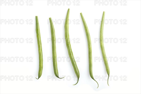 Bunch of green french beans isolated on white background. top view, close up