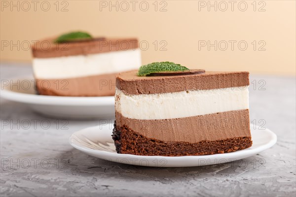 Cake with souffle milk chocolate cream on a gray and light brown background. side view, close up, selective focus