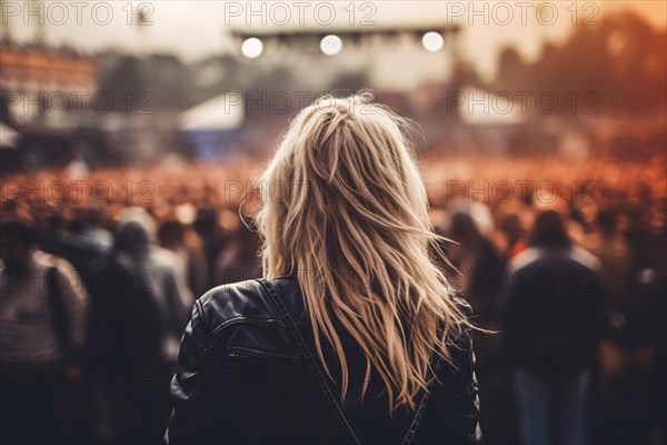 Back view of blond woman at open air music festival. KI generiert, generiert AI generated