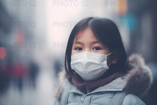 Young Asian girl child covering mouth with medical face mask in city full of smog pollution. KI generiert, generiert AI generated