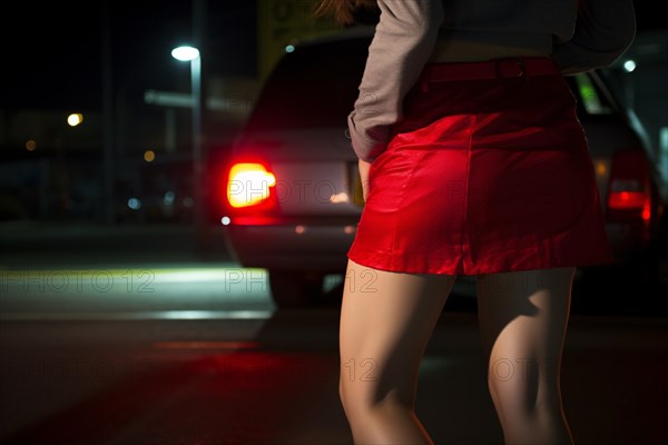 Back view of woman in short red skirt walking towards parking car. KI generiert, generiert AI generated