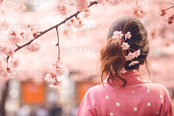Back view of woman in Kimono with cherry blossom tree. KI generiert, generiert AI generated