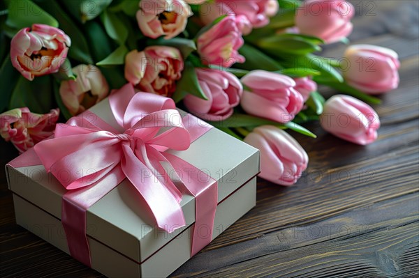 Gift Box with Pink Ribbon Beside bouquet of Fresh Tulips. Background for Valentine day, March 8, mother day, spring holidays, birthday, AI generated