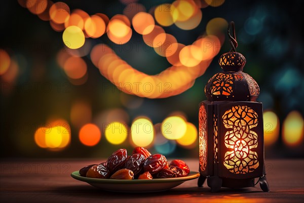 Ramadan lantern with a plate of succulent figs on bokeh background, set on an ornate table with intricate designs, evoking the rich traditions and serene moments of the holy month, AI generated