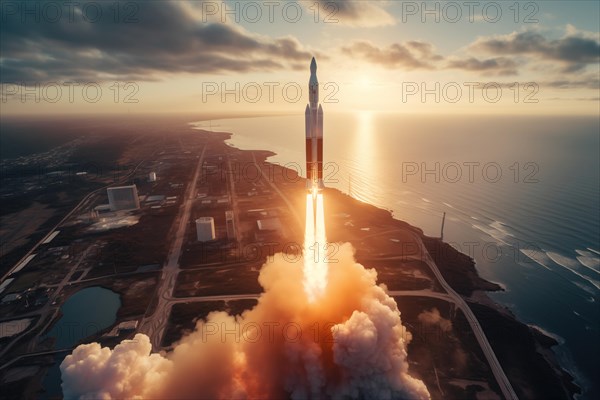 Aerial view of a rocket launch at sunrise sunset over an ocean coast. The rocket is blasting off with a trail of smoke and flames behind it, AI generated