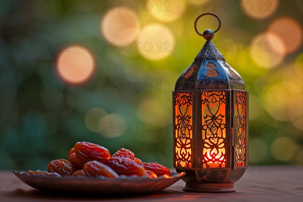 Ramadan lantern with a plate of succulent figs on bokeh background, set on an ornate table with intricate designs, evoking the rich traditions and serene moments of the holy month, AI generated