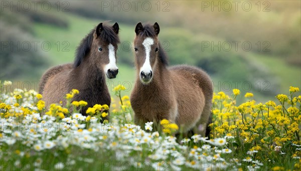 KI generated, animal, animals, mammal, mammals, biotope, habitat, two, flower meadow, foraging, wildlife, meadow, pasture, Exmoor pony, horse, horses, ungulates, English pony breed, South West England, Exmoor, (Equus ferus caballus), foal