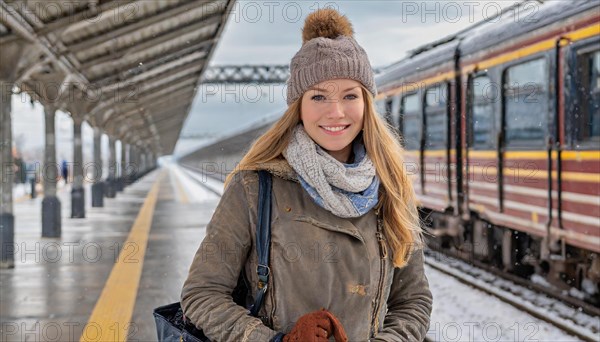 AI generated, A young blonde woman wants to travel and waits for the train at the station, 20, 25, blonde, blond, blonde, modern, modern, handbag, leather jacket, boots, sexy, attractive, attractive, long-haired, transport, traffic