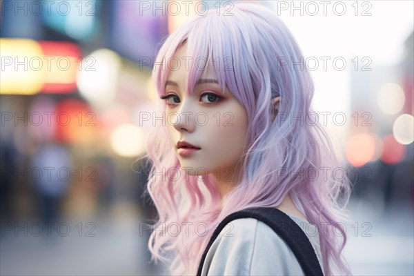 Cute Asian woman with pastel pink and violet hair in street. Japanese Harajuku street fashion concpet. KI generiert, generiert AI generated