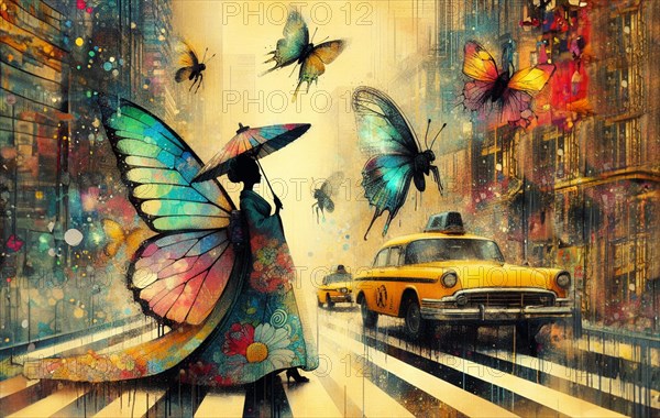 Vibrant painting of a woman with butterfly wings crossing the road with a yellow taxi nearby, shunga vintage japanese themed style art, AI generated