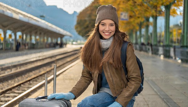 AI generated, A young blonde woman wants to travel and waits for the train at the station, 20, 25, blonde, blond, blonde, modern, modern, aluminium suitcase, handbag, fur jacket, white, sneakers, shoes, sexy, attractive, attractive, long-haired, transport, traffic