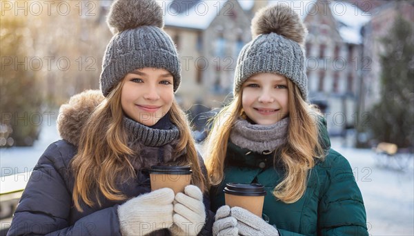 AI generates, human, humans, person, persons, child, children, girl, two, 15, years, outdoor, ice, snow, winter, seasons, drinks, drinking, coffee to go, coffee, cup, paper cup, hot drink, cap, bobble hat, gloves, winter jacket, cold, coldness