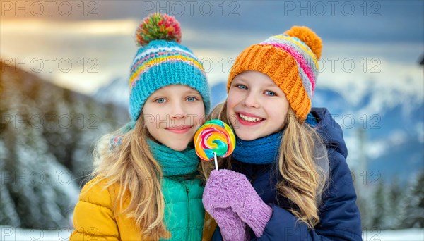 AI generated, Two little girls are happy about a lolly, lollipop, human, people, person, persons, child, children, 10, years, two, outdoor, ice, snow, winter, seasons, eats, eating, hat, bobble hat, gloves, winter jacket, cold, coldness