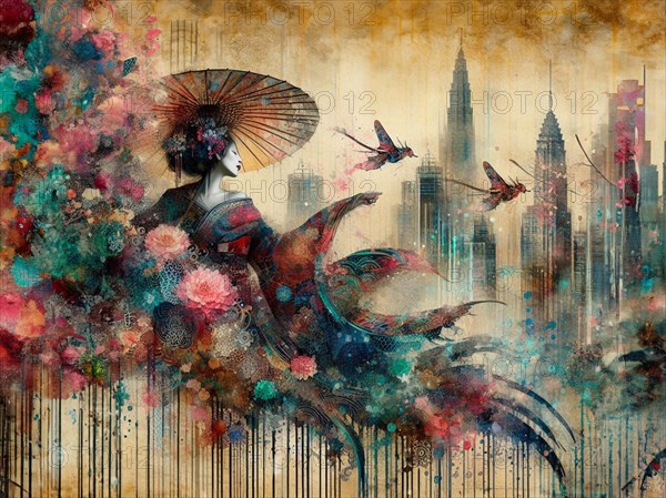 Urban fantasy with a kimono-clad woman and butterflies against a vibrant skyline, japanese themed shunga style based, AI Generated, AI generated