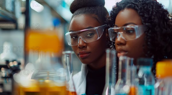 Lab partners closely observing an experiment with test tubes, ai generated, AI generated