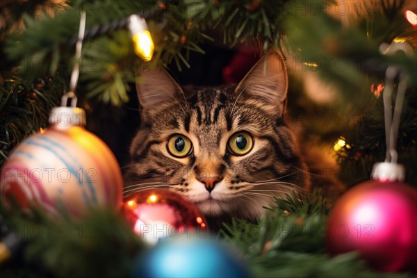 Tabby cat hiding in Christmas tree with colorful tree baubles. KI generiert, generiert AI generated