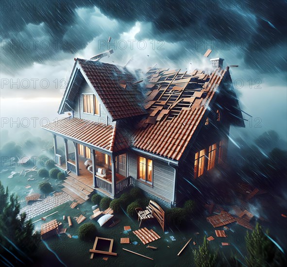A thunderstorm with storm and rain covers a house roof, symbolic image climate change, climate crisis, global warming, AI generated, AI generated