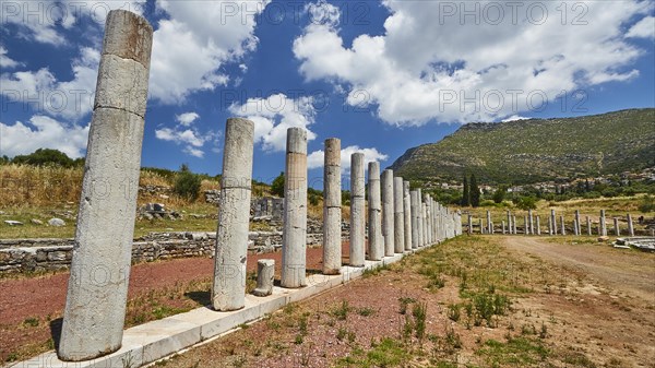 Row of ancient columns in front of mountains and blue sky with fluffy clouds, stadium, archaeological site, Ancient Messene, capital of Messinia, Messini, Peloponnese, Greece, Europe