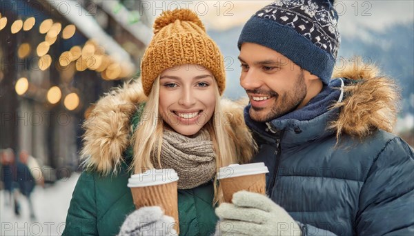 AI generated, human, humans, person, persons, man, woman, woman, two persons, 25, 30, years, couple, outdoor, ice, snow, winter, seasons, eats, eating, hat, bobble hat, gloves, winter jacket, cold, cold, burger, hamburger