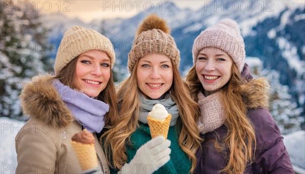 AI generated, human, humans, person, persons, woman, woman, three, 20, 25, years, outdoor, ice, snow, winter, seasons, eats, eating, ice cream, waffle ice cream, waffle, Italian ice cream, cap, bobble hat, gloves, winter jacket, cold, coldness