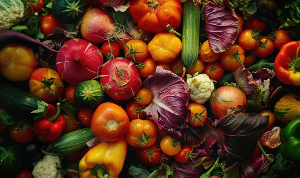 Tomatoes background. Top view of different varieties of tomatoes. Vegetables background. AI generated