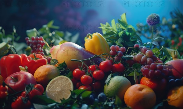 Fruits and vegetables. Healthy food background. Selective focus. AI generated