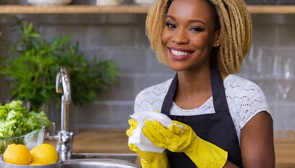 AI generated, woman, woman, 30, 35, blonde, blond, blonde, kitchen, sink, kitchen table, dishes, washing up, washing dishes, plates, cups, glasses, dishcloth, gloves, cleaning, water, polishing cloth, polishing, clean, cleanliness, housewife, mother, family, African woman
