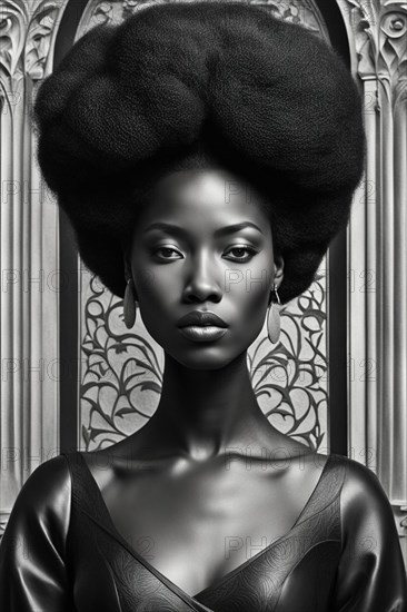Regal african young adult woman in a dark dress with ornate earrings and with a afro hairstyle against an intricate backdrop, AI generated