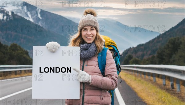 AI generated, human, humans, person, persons, woman, woman, one person, 20, 25, years, outdoor, seasons, cap, bobble hat, gloves, winter jacket, cold, cold, backpack, woman wants to travel, hitchhiking, hitchhiking, hitchhiking, road, motorway, sign saying London