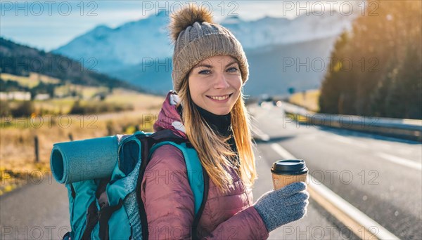 AI generated, human, humans, person, persons, woman, woman, one person, 20, 25, years, outdoor, seasons, cap, bobble hat, gloves, winter jacket, cold, cold, backpack, woman wants to travel, hitchhiking, hitchhiking, hitchhiking, road, motorway, coffee to go in hand, coffee, drink