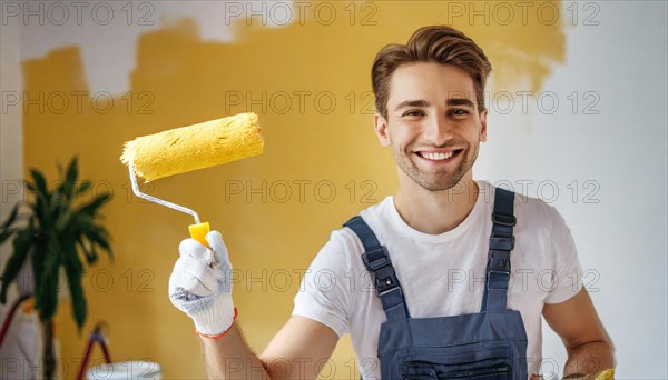 AI generated, man, men, a painter paints a wall with new yellow paint, father, renovation of old flat, paint roller, ladder, yellow, paint, 25, 30, years, a, person, occupation, occupations, leisure activity, family, smiles, smiling, fun at work, laughing, laughing, laughing, friend, partner, man