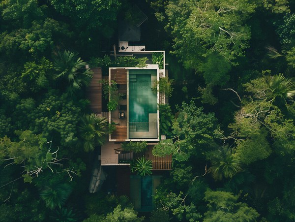 Aerial shot of a luxurious house with a pool nestled in a dense green forest, Playa del Carmen beach in Mexico, AI generated