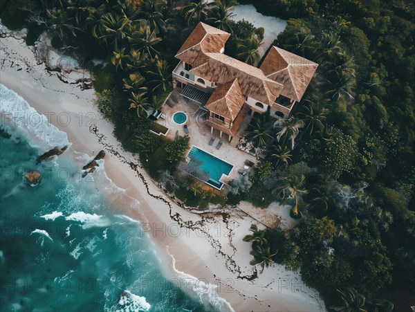 Aerial view of a secluded tropical villa with a thatched roof and pool by a sandy beach, Playa del Carmen beach in Mexico, AI generated