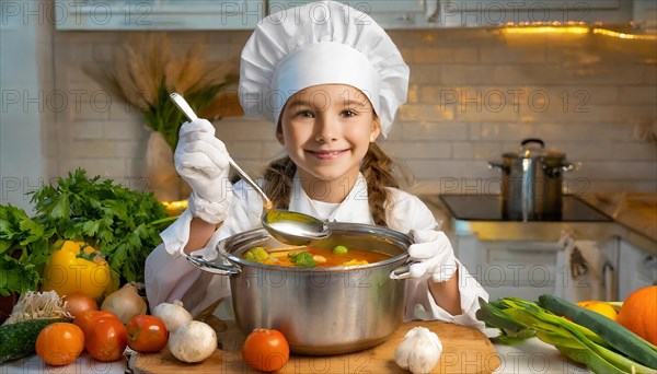 AI generated, human, humans, person, persons, child, children, 8 year old girl cooking a vegetable soup in a white kitchen, chef's hat, smock, cute, cute, cute, beautiful eyes, beautiful teeth, cook, cook, kitchen table, vegetables, onions, garlic