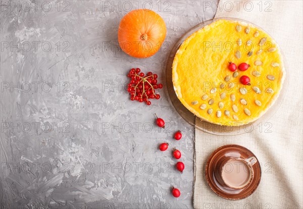 Traditional american sweet pumpkin pie decorated with hawthorn red berries and pumpkin seeds with cup of coffee on a gray concrete background. top view, flat lay, copy space