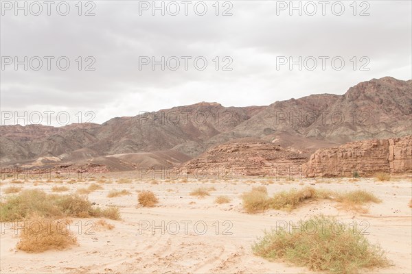 Desert, red mountains, rocks and cloudy sky. Egypt, the Sinai Peninsula, Dahab