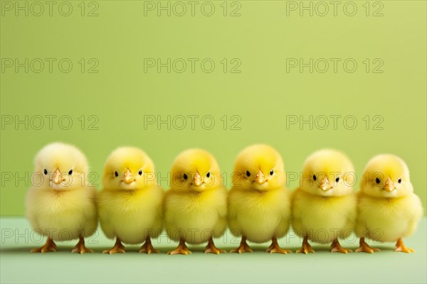 Cute chicks in a row on green background. KI generiert, generiert AI generated