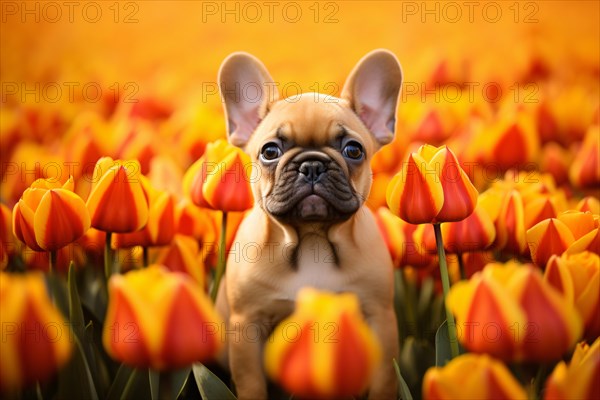 Fawn French Bulldog puppy in flower field with tulip spring flowers. KI generiert, generiert AI generated